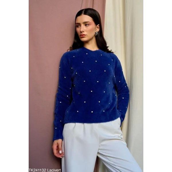 Baklava Desen Taşlı Kazak  Lacivert