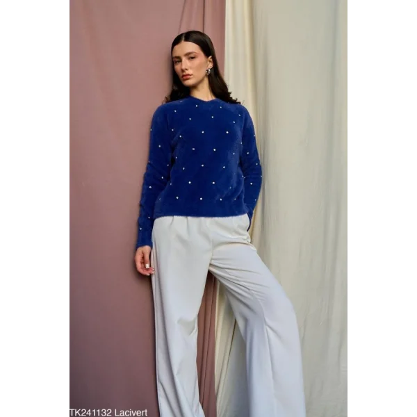 Baklava Desen Taşlı Kazak  Lacivert