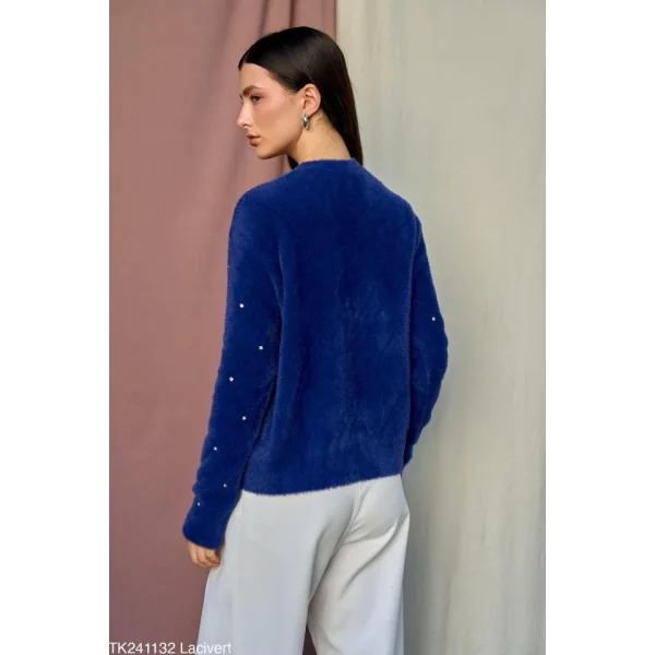 Baklava Desen Taşlı Kazak  Lacivert