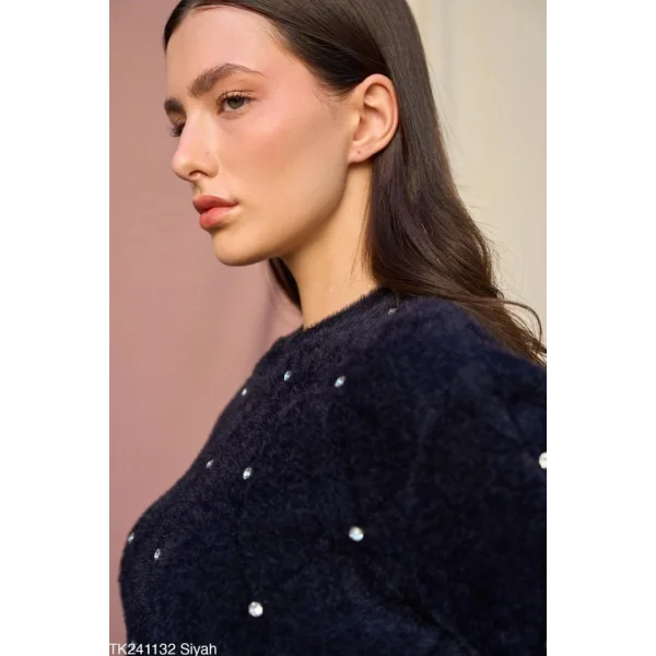 Baklava Desen Taşlı Kazak  Siyah