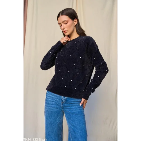 Baklava Desen Taşlı Kazak  Siyah