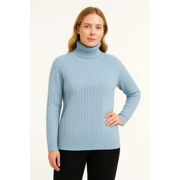 Balıkcı Yaka Bağazlı Triko Kazak Pamuklu Kalın Fitilli Dokuma - Bebek Mavisi