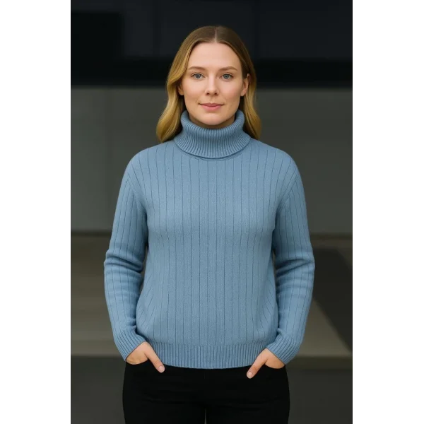 Balıkcı Yaka Bağazlı Triko Kazak Pamuklu Kalın Fitilli Dokuma - Bebek Mavisi