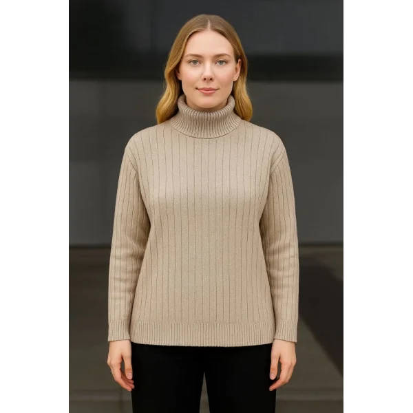 Balıkcı Yaka Bağazlı Triko Kazak Pamuklu Kalın Fitilli Dokuma - Bej