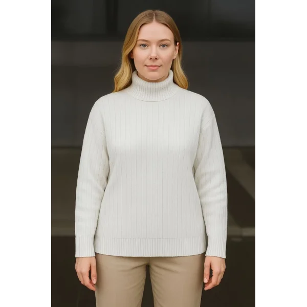 Balıkcı Yaka Bağazlı Triko Kazak Pamuklu Kalın Fitilli Dokuma - Beyaz