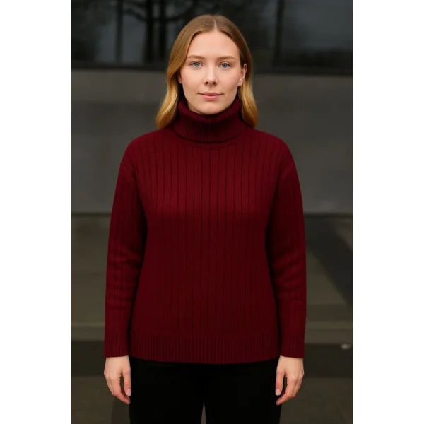 Balıkcı Yaka Bağazlı Triko Kazak Pamuklu Kalın Fitilli Dokuma - Bordo