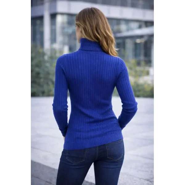 Balıkcı Yaka Bağazlı Triko Kazak Pamuklu Kalın Fitilli Dokuma - İndigo