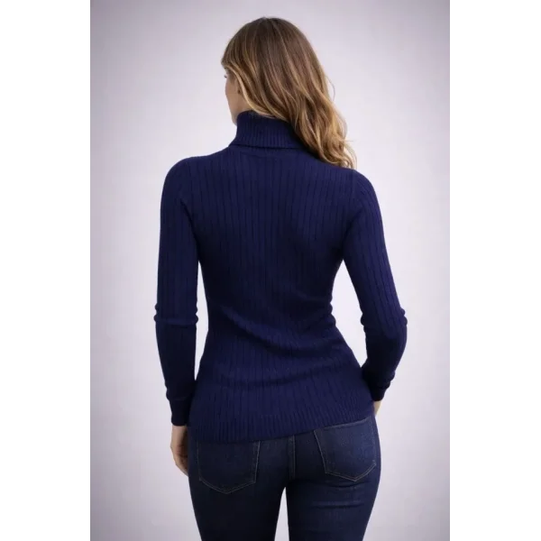 Balıkcı Yaka Bağazlı Triko Kazak Pamuklu Kalın Fitilli Dokuma - Lacivert