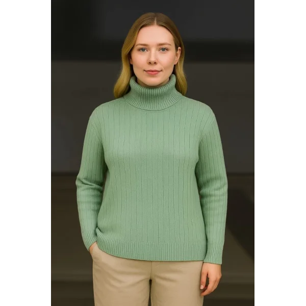 Balıkcı Yaka Bağazlı Triko Kazak Pamuklu Kalın Fitilli Dokuma - Mint Yeşili