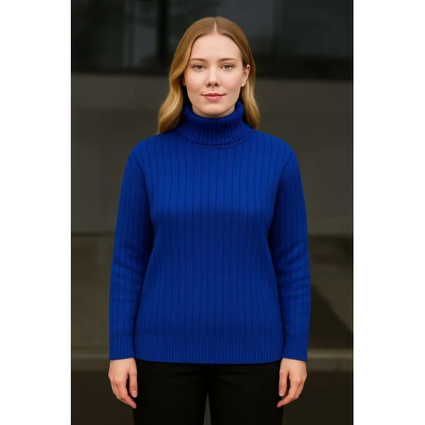 Balıkcı Yaka Bağazlı Triko Kazak Pamuklu Kalın Fitilli Dokuma - Saks Mavisi