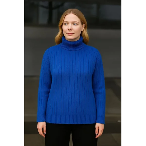 Balıkcı Yaka Bağazlı Triko Kazak Pamuklu Kalın Fitilli Dokuma - Saks Mavisi