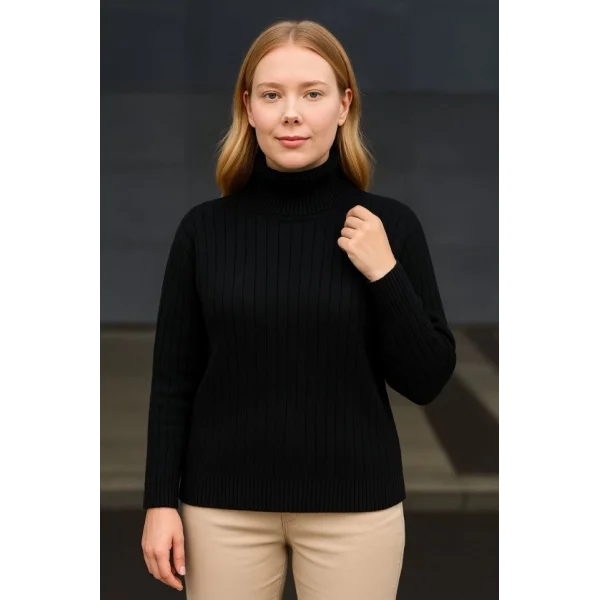 Balıkcı Yaka Bağazlı Triko Kazak Pamuklu Kalın Fitilli Dokuma - Siyah