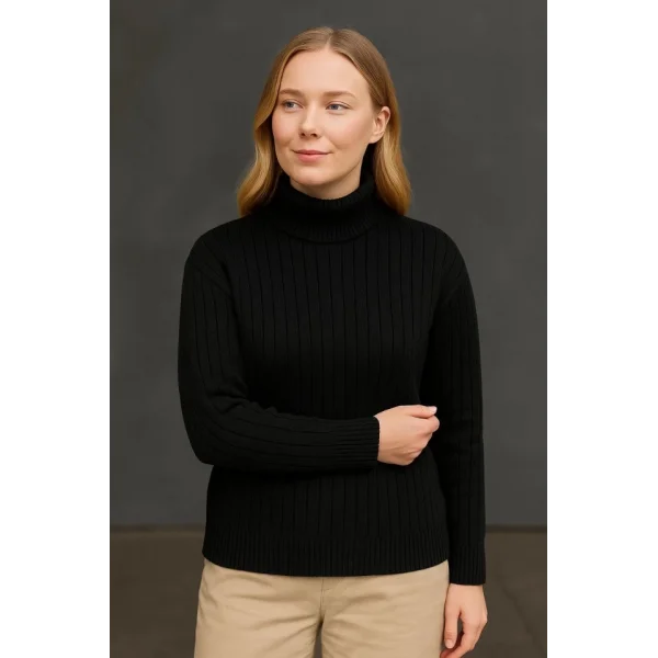 Balıkcı Yaka Bağazlı Triko Kazak Pamuklu Kalın Fitilli Dokuma - Siyah