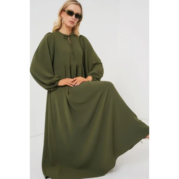 Balon Kol Uzun Tesettür Elbise 2464 - Haki