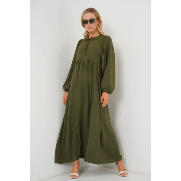 Balon Kol Uzun Tesettür Elbise 2464 - Haki