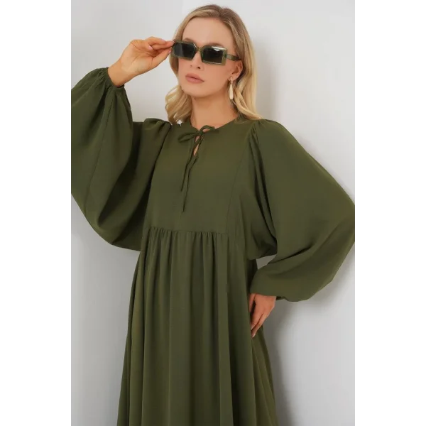 Balon Kol Uzun Tesettür Elbise 2464 - Haki