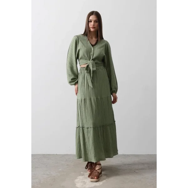 Balon Kollu Etekli Kaş Takım  Haki