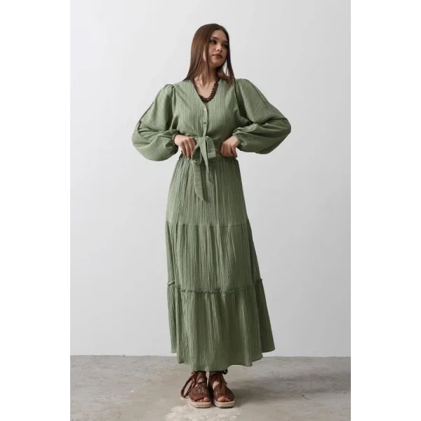 Balon Kollu Etekli Kaş Takım  Haki