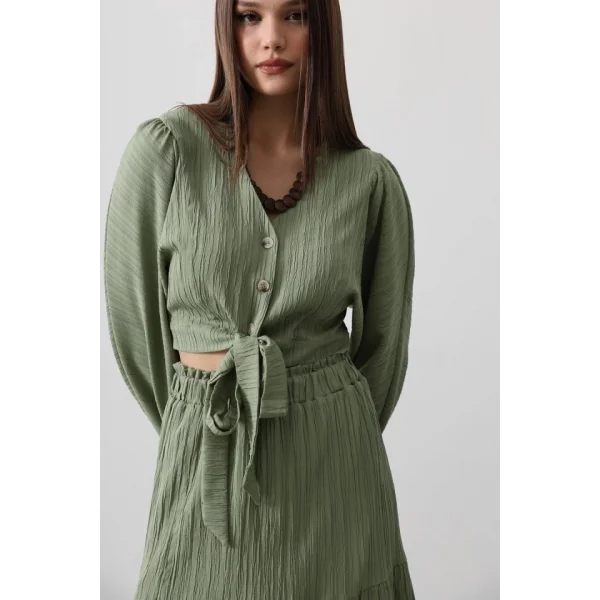 Balon Kollu Etekli Kaş Takım  Haki