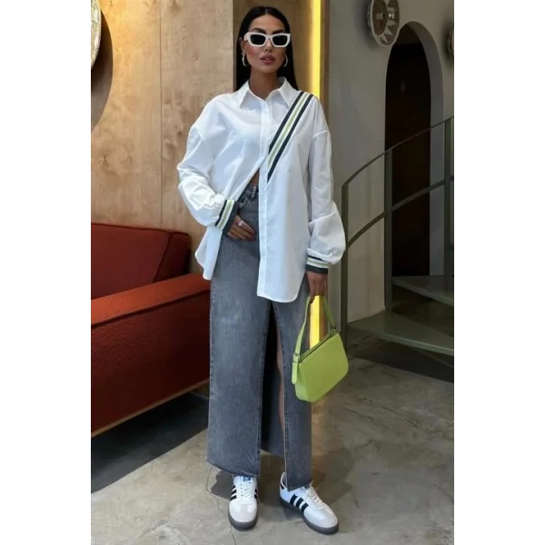 Bant Detaylı Oversize Poplin Gömlek 3436