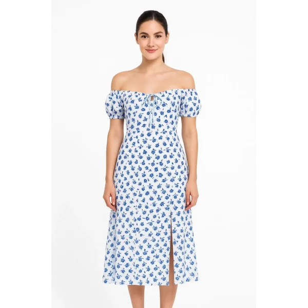 Bardot Omuzu Acık Çiçek Desenli Elbise - Desenli