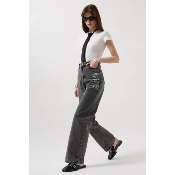 Baskılı Düşük Bel Jean