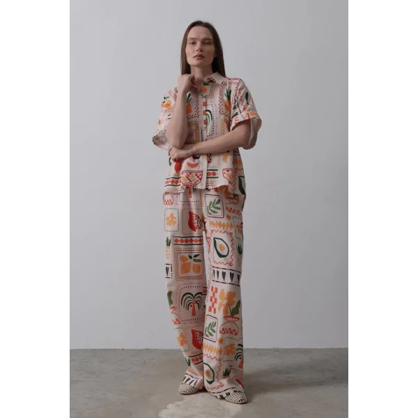 Baskılı Kısa Kol Pantolon Takım - Taş-Oranj