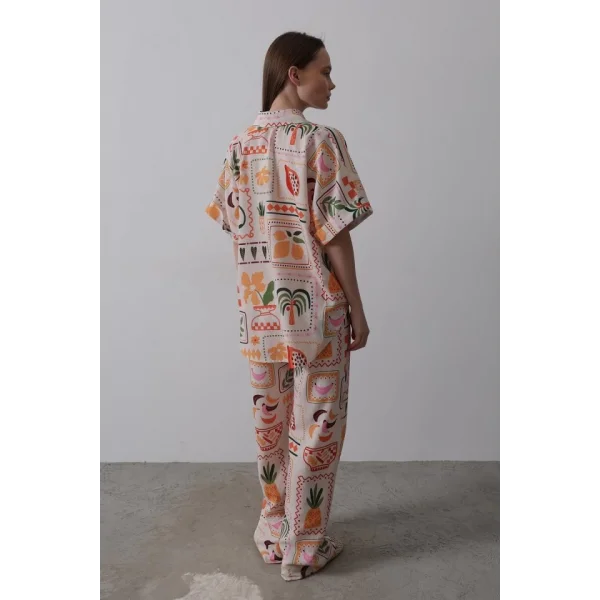 Baskılı Kısa Kol Pantolon Takım - Taş-Oranj