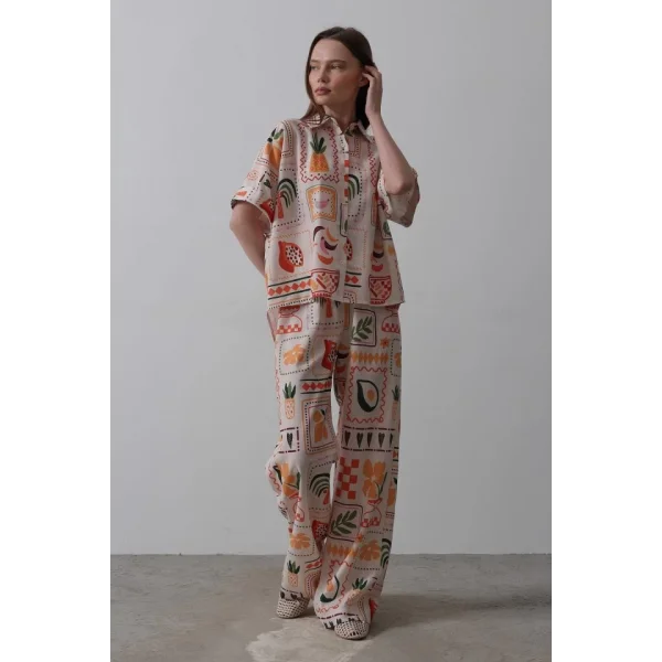 Baskılı Kısa Kol Pantolon Takım - Taş-Oranj