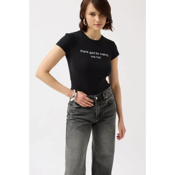 Baskılı Likralı Crop Thirt