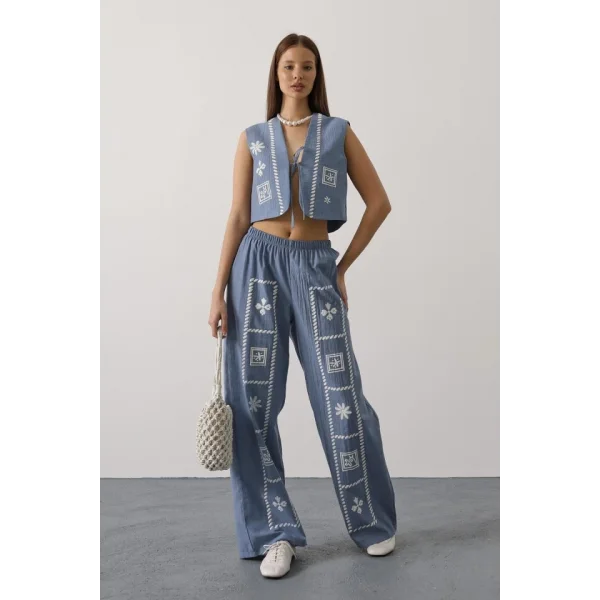 Baskılı Önü Bağlamalı Yelekli Takım - İndigo