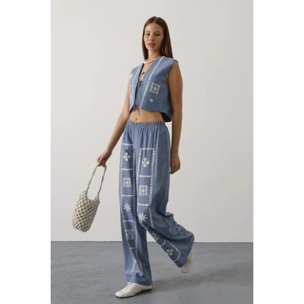 Baskılı Önü Bağlamalı Yelekli Takım - İndigo