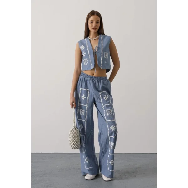 Baskılı Önü Bağlamalı Yelekli Takım - İndigo