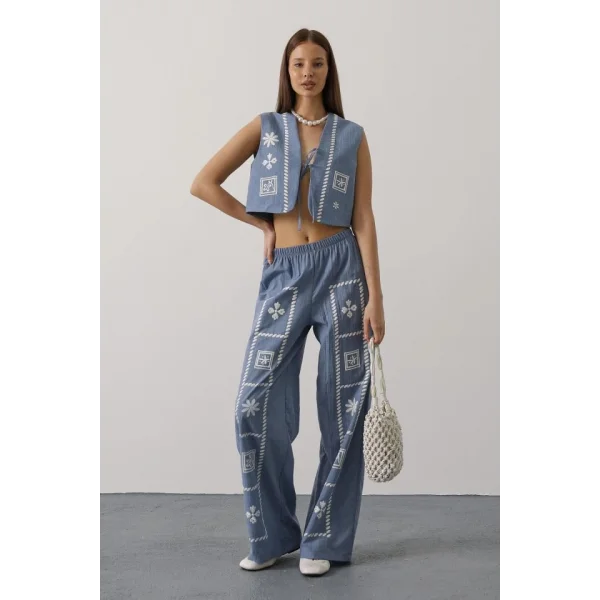 Baskılı Önü Bağlamalı Yelekli Takım - İndigo