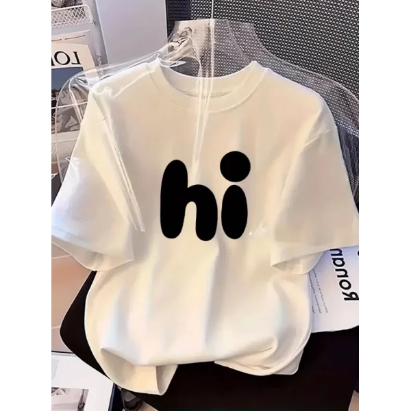 Baskılı Oversize Bisiklet Yaka T-shirt - Beyaz