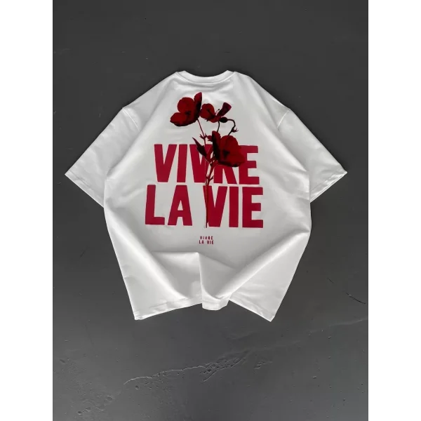 Baskılı Oversize Bisiklet Yaka T-shirt - Beyaz