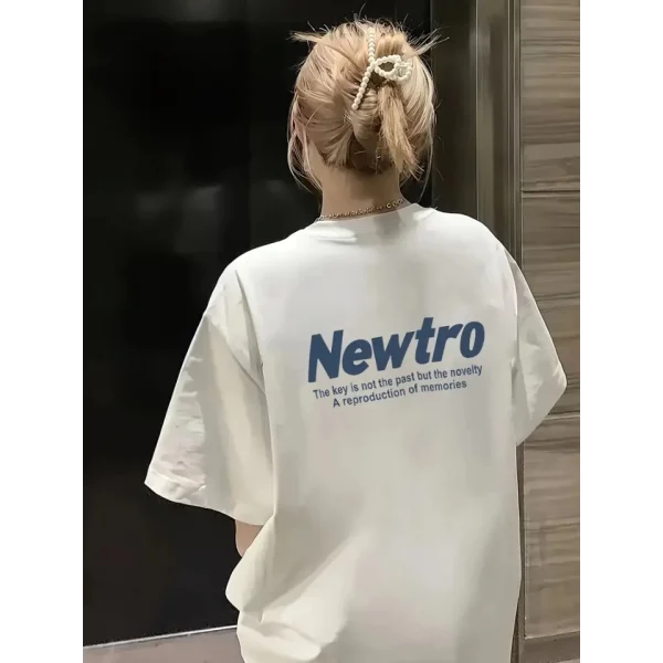 Baskılı Oversize Bisiklet Yaka T-shirt - Beyaz