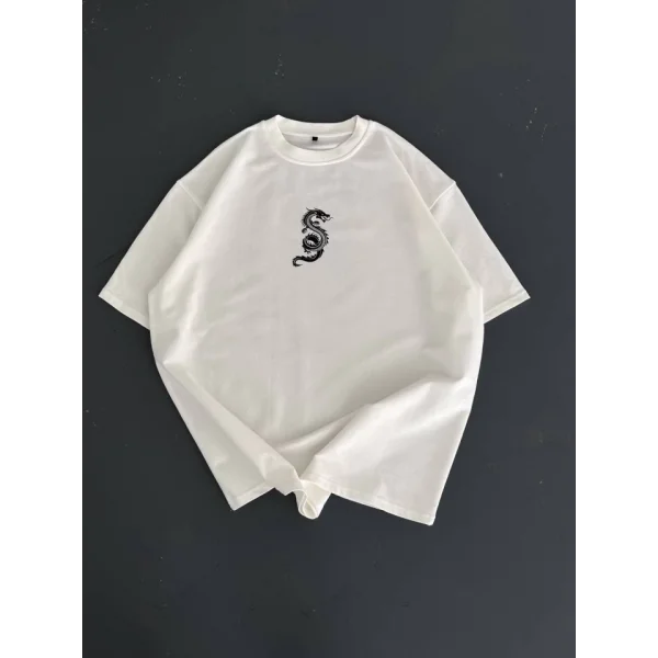 Baskılı Oversize Bisiklet Yaka T-shirt - Beyaz