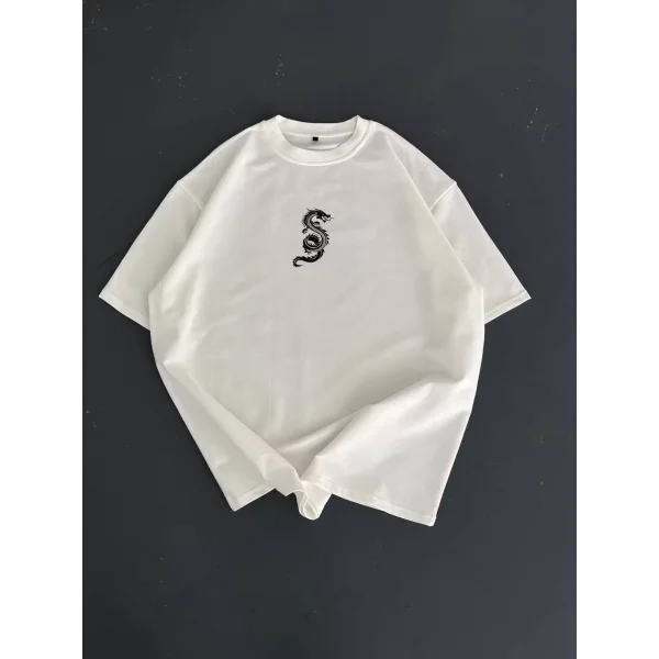 Baskılı Oversize Bisiklet Yaka T-shirt - Beyaz