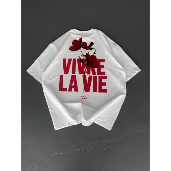 Baskılı Oversize Bisiklet Yaka T-shirt - Beyaz