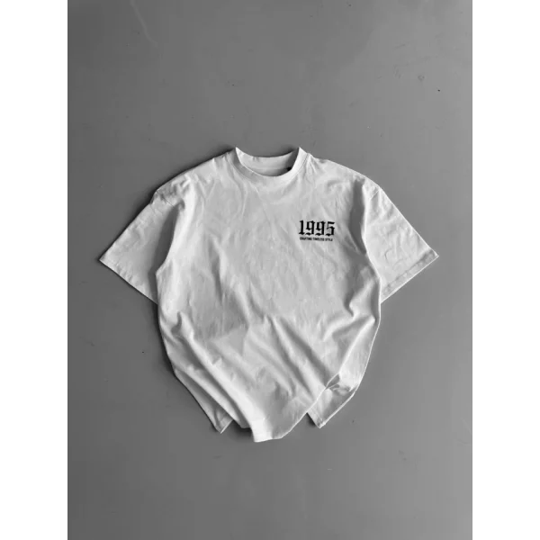 Baskılı Oversize Bisiklet Yaka T-shirt - Beyaz