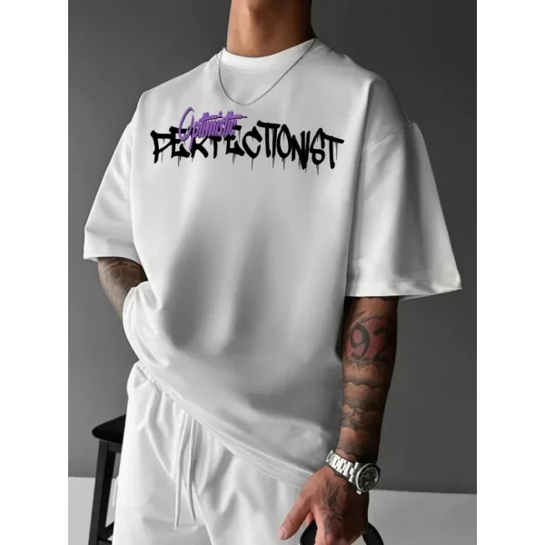 Baskılı Oversize Bisiklet Yaka T-shirt - Beyaz