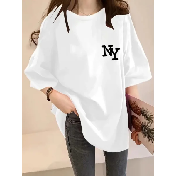 Baskılı Oversize Bisiklet Yaka T-shirt - Beyaz