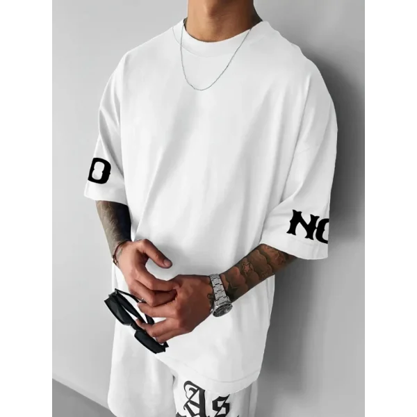 Baskılı Oversize Bisiklet Yaka T-shirt - Beyaz