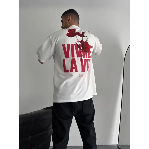 Baskılı Oversize Bisiklet Yaka T-shirt - Beyaz