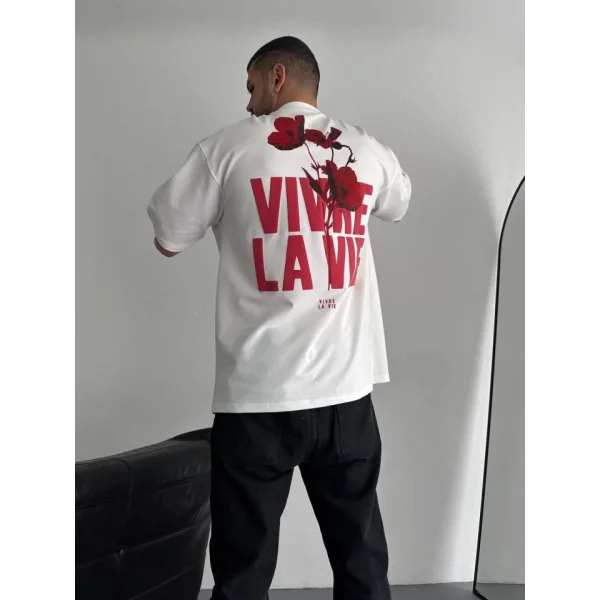 Baskılı Oversize Bisiklet Yaka T-shirt - Beyaz