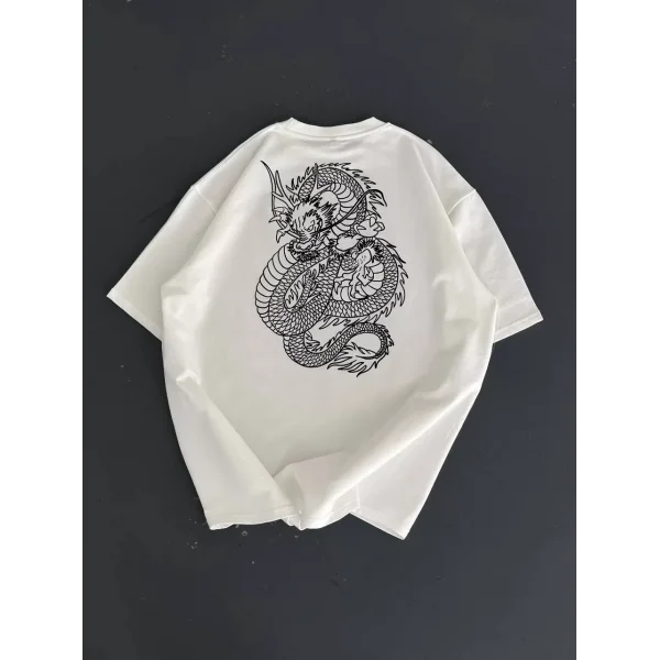 Baskılı Oversize Bisiklet Yaka T-shirt - Beyaz