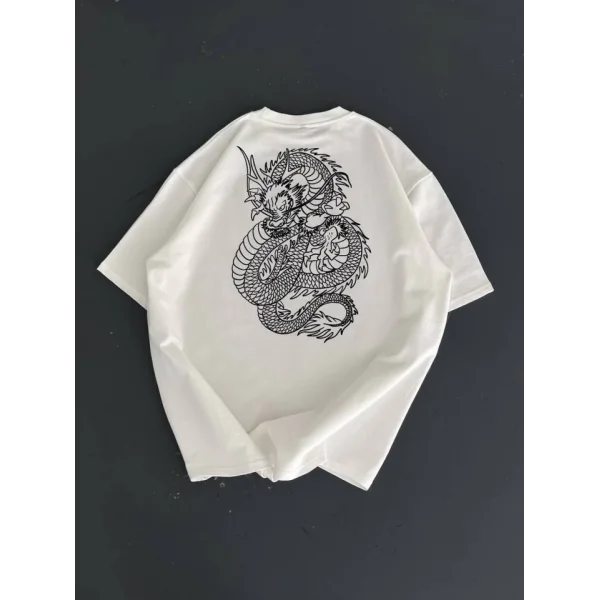 Baskılı Oversize Bisiklet Yaka T-shirt - Beyaz