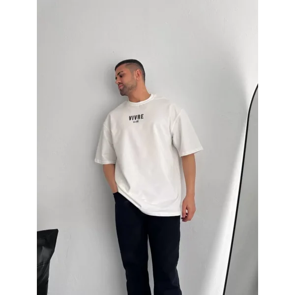 Baskılı Oversize Bisiklet Yaka T-shirt - Beyaz