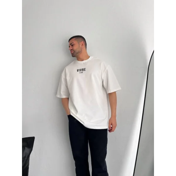 Baskılı Oversize Bisiklet Yaka T-shirt - Beyaz